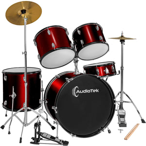 Bateria Musical Acustica 5 Piezas 22 Tambor Baquetas Audiotek Color Rojo