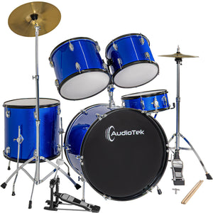 Bateria Musical Acustica 5 Piezas 22 Tambor Baquetas Audiotek Color Azul
