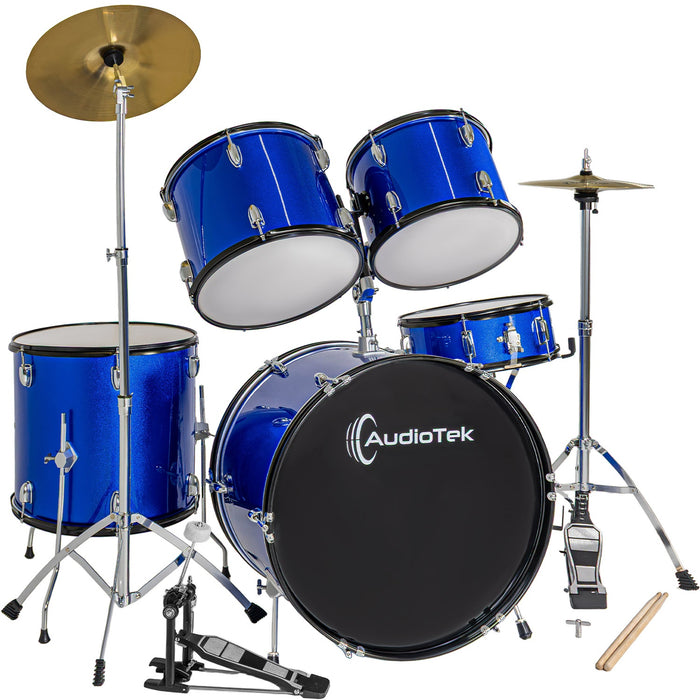 Bateria Musical Acustica 5 Piezas 22 Tambor Baquetas Audiotek Color Azul