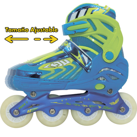 Patines En Linea con Luz Led para Niños + Equipo Proteccion (Talla 22.5 a 24) Azul