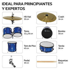 Bateria Musical Acustica 5 Piezas 22 Tambor Baquetas Audiotek Color Azul