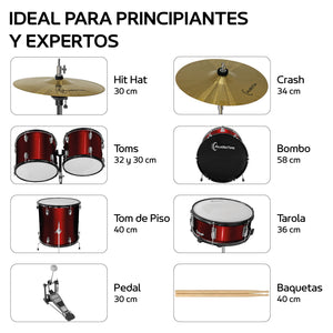 Bateria Musical Acustica 5 Piezas 22 Tambor Baquetas Audiotek Color Rojo