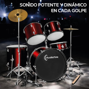 Bateria Musical Acustica 5 Piezas 22 Tambor Baquetas Audiotek Color Rojo