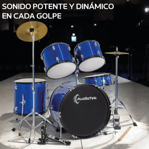 Bateria Musical Acustica 5 Piezas 22 Tambor Baquetas Audiotek Color Azul