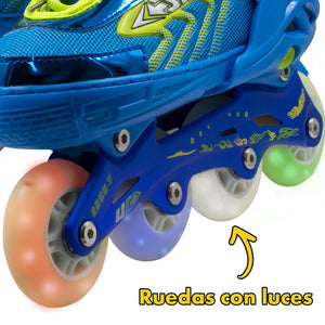 Patines En Linea con Luz Led para Niños + Equipo Proteccion (Talla 22.5 a 24) Azul