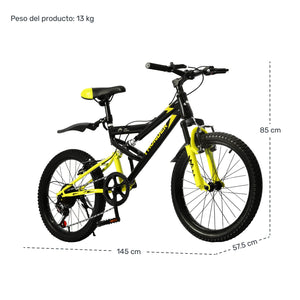 Bicicleta Montaña Infantil Niños R20 7 Vel Doble Suspension Color Amarillo
