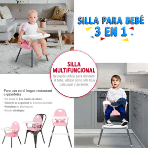 Silla Periquera Alta Bebe Plegable 3 En 1 Bandeja Ajustable
