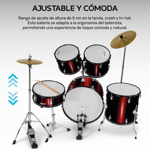 Bateria Musical Acustica 5 Piezas 22 Tambor Baquetas Audiotek Color Rojo