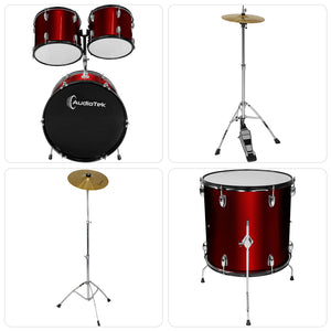 Bateria Musical Acustica 5 Piezas 22 Tambor Baquetas Audiotek Color Rojo