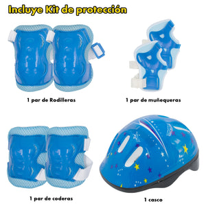 Patines En Linea con Luz Led para Niños + Equipo Proteccion (Talla 22.5 a 24) Azul