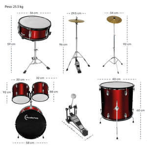 Bateria Musical Acustica 5 Piezas 22 Tambor Baquetas Audiotek Color Rojo