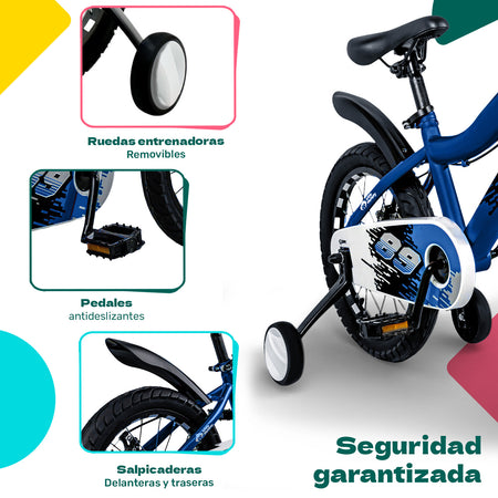 Bicicleta Infantil Niños Azul Rodada 16 Ruedas Entrenamiento Azul Cromo