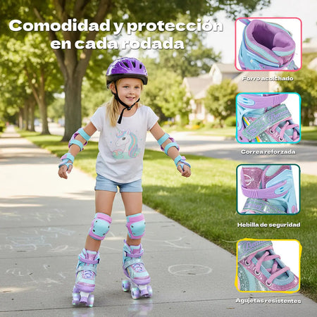 Patines 4 Ruedas Luz Led Ajustables Niñas Niños Estilo Quad Color Morado Talla De Los Patines Xch Tamaño De Las Ruedas 55 Mm