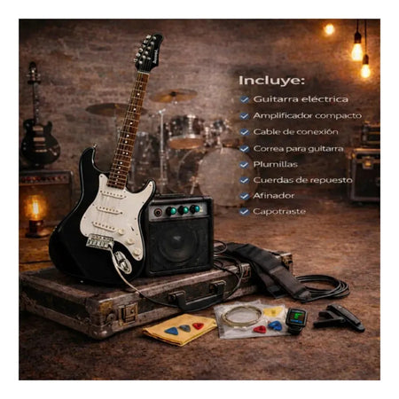 Guitarra Eléctrica Tipo Stratocaster con Amplificador Color Negro Audiotek