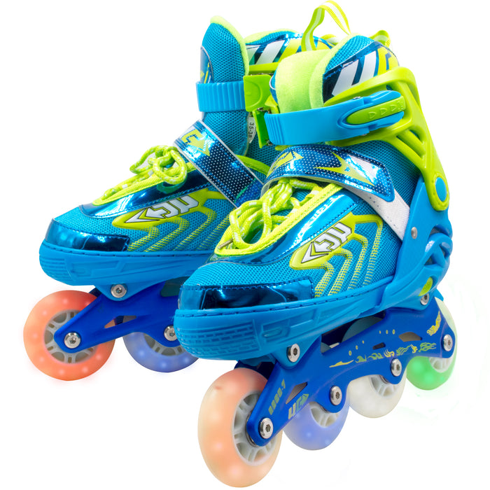 Patines En Linea con Luz Led para Niños + Equipo Proteccion (Talla 22.5 a 24) Azul